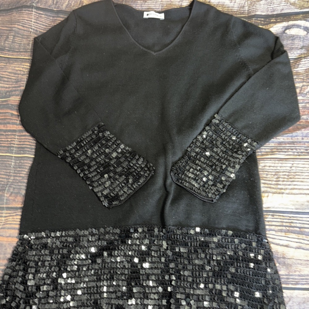 Persona by Marina Rinaldi Vintage 90s Sweater Size M  Sequin Hem Black Italy - Picture 2 of 7